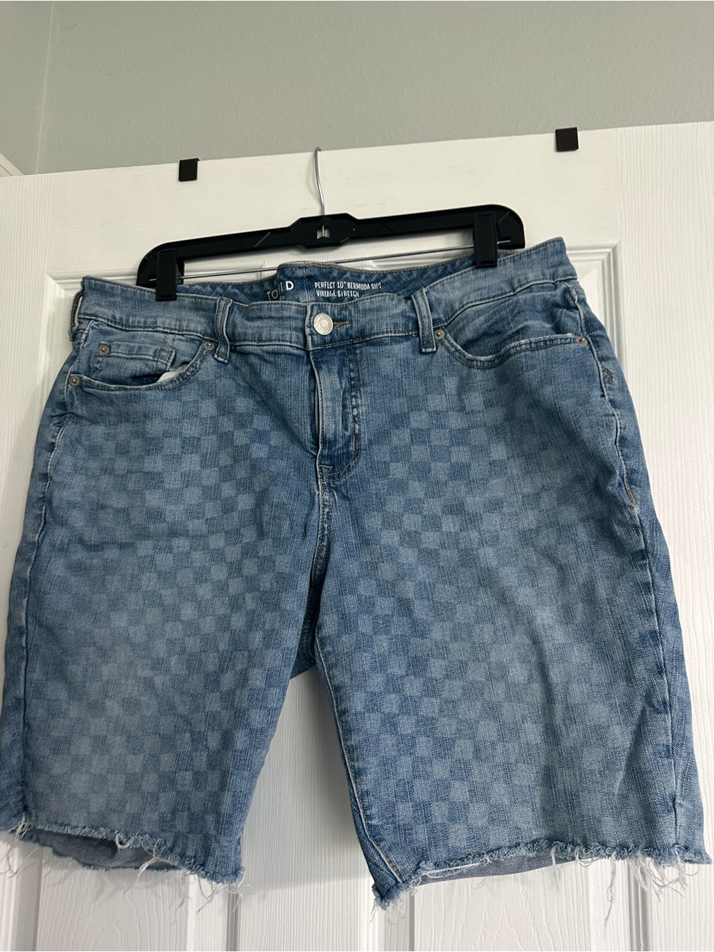 Light Blue Checkerboard Denim Bermuda Shorts - Women